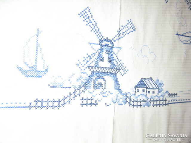 Beautiful blue embroidered cross-eyed windmill tablecloth
