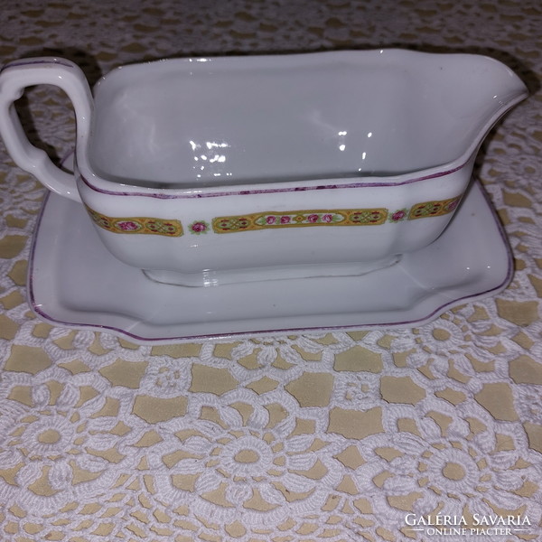 Antique porcelain, very nice serving bowl with pink rim, floral sauce bowl