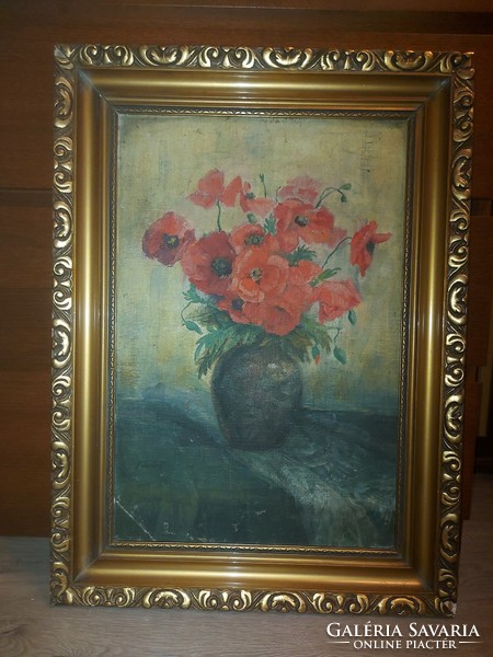Kalicza Erzsébet (1876-1943) pipacsos csendélet festmény, olaj, kasírozott vászon, 56x38 cm+ keret