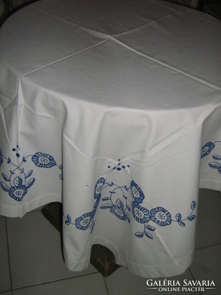 Beautiful hand embroidered blue floral white tablecloth