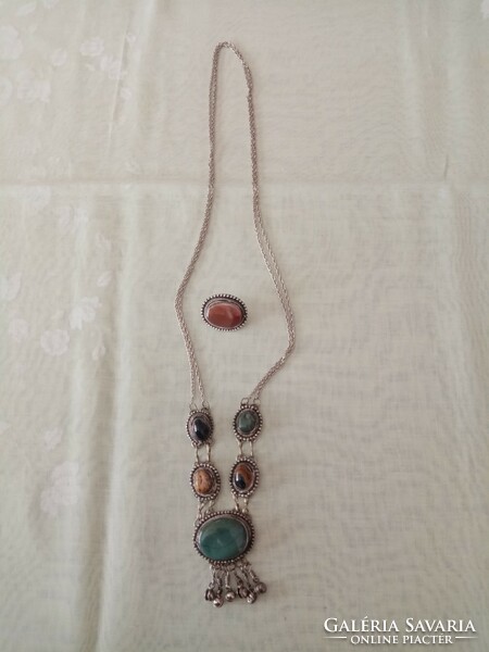 Old silver-plated copper mineral necklace and brooch / pin made of semi-precious stones - agate, etc...