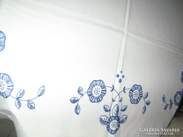 Beautiful hand embroidered blue floral white tablecloth