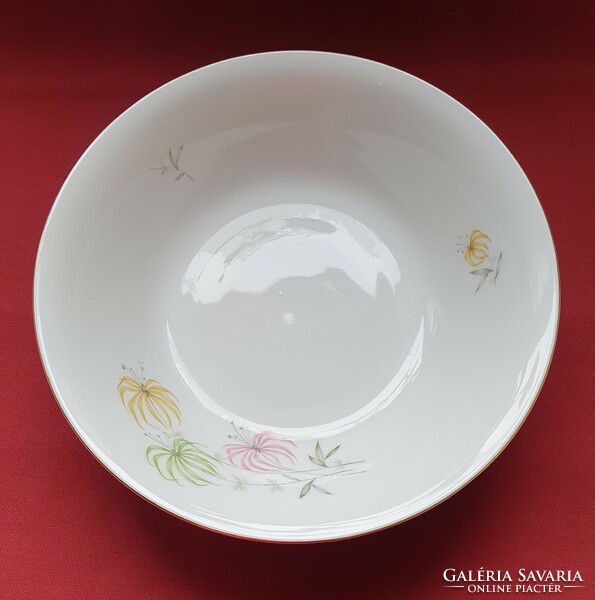 Porcelain bowl serving deep plate with a gold edge with a flower pattern soup garnish