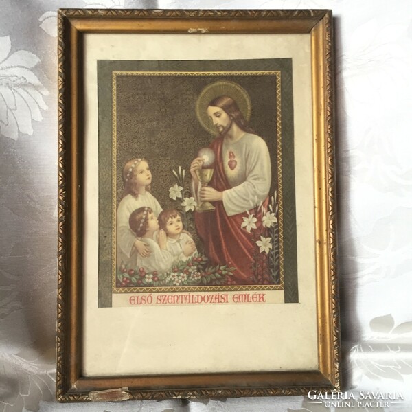 First Holy Communion commemorative card, memory in a glazed old frame