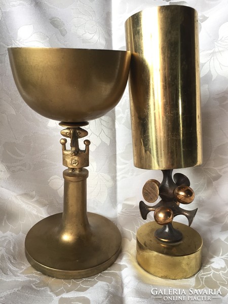 Old, retro industrial art product: Louis Muharos bronze cup, goblet 2 pieces in one