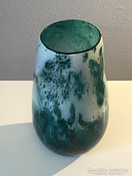 Glass design vase decorated with green bubbles 30.5 Cm