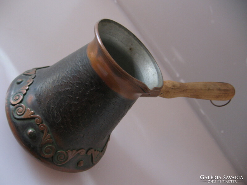 Copper handmade jezza for Turkish coffee with wooden handle