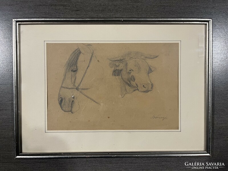 István Szőnyi 1894 - 1960 painter and graphic artist. Horse and cow head study drawing!