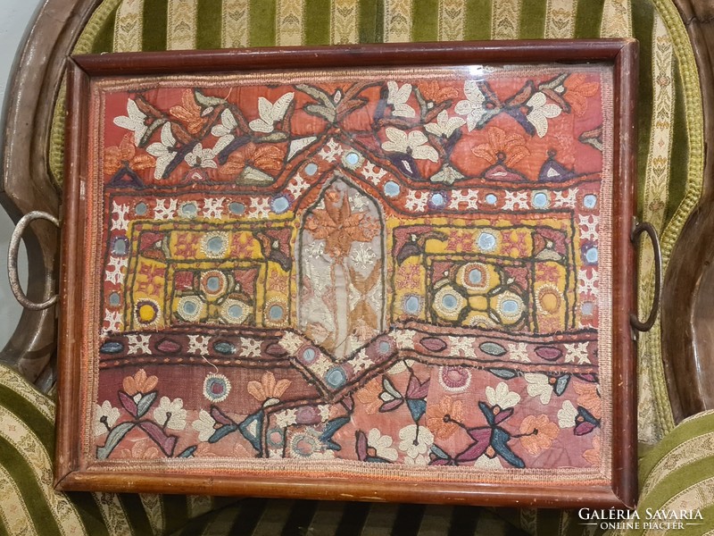 Old Indian glass tray with textile lining