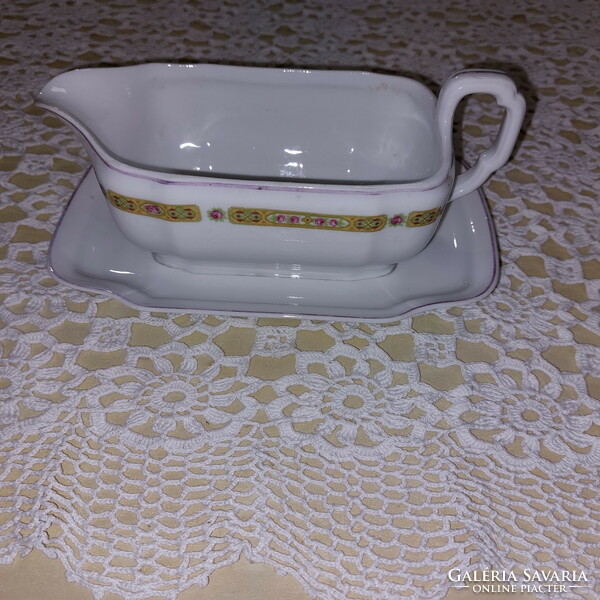 Antique porcelain, very nice serving bowl with pink rim, floral sauce bowl