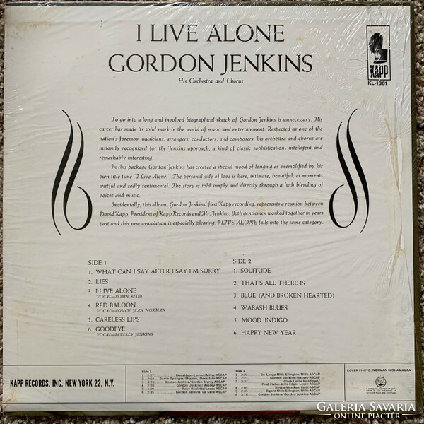 Gordon Jenkins and his Orchestra and Chorus - I Live Alone (LP, Album, Mono)