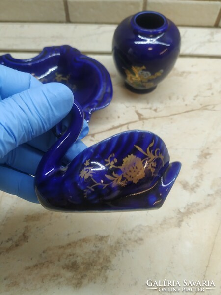 Cobalt, gold decorated, Polish porcelain ashtray, vase, table decoration for sale!
