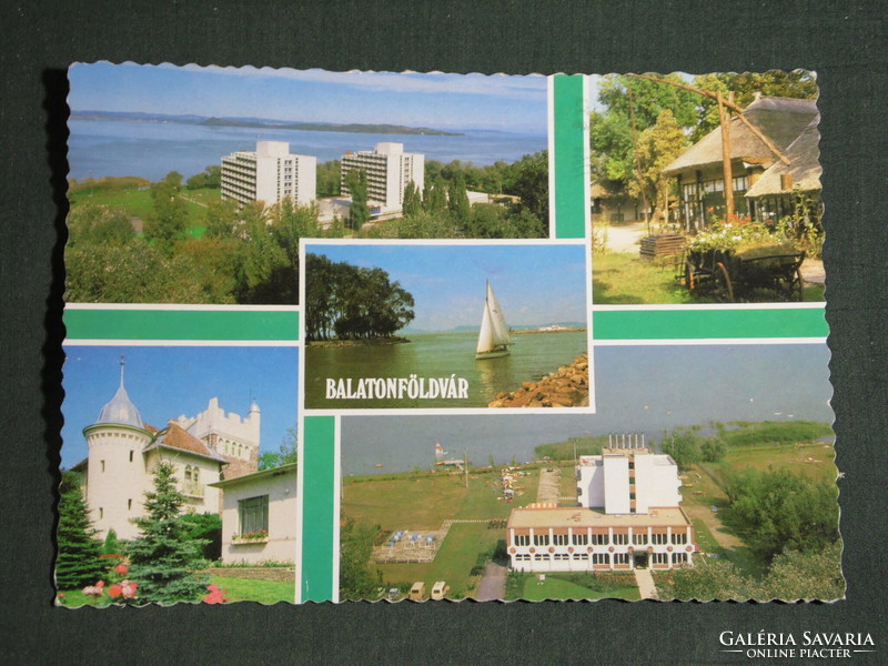 Postcard, Balaton Castle, mosaic details, hotel, resort, inn, restaurant, sailing ship, skyline