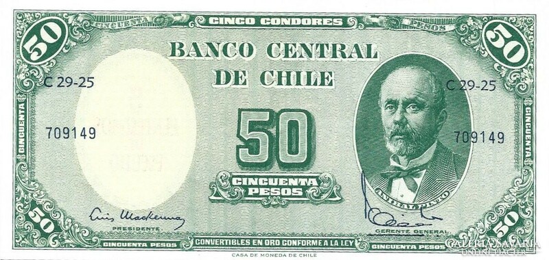 5 centesimos felülbélyegezve az 50 pesoson 1961 Chile UNC