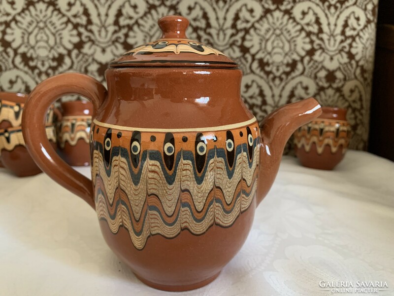 Retro Bulgarian peacock feather ceramic mocha coffee set pitcher cup sugar holder