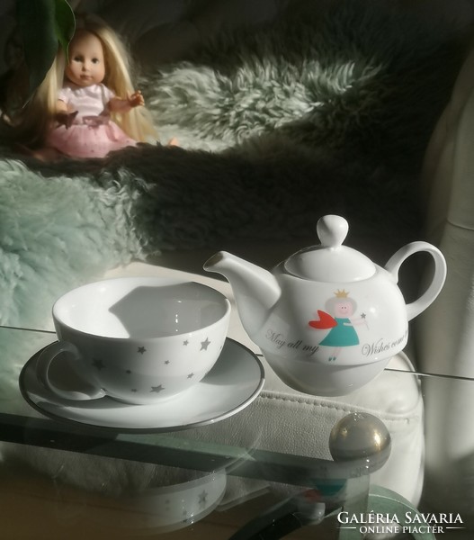 Angyalkás teás szett, egyszemélyes kislány tea szervíz, porcelán
