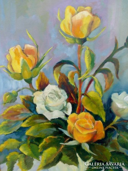 Kortárs festőművész alkotása. Bőm Gabriella: Sárga, és fehér rózsák. Virágcsendélet