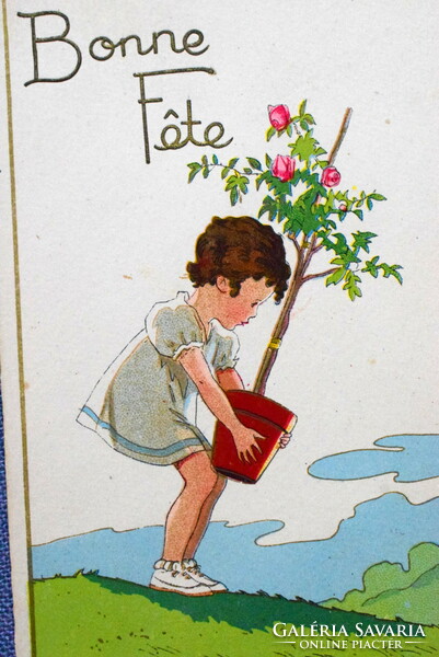 Art deco grafikus művész képeslap dobornyomott betű  - kisleány virággal