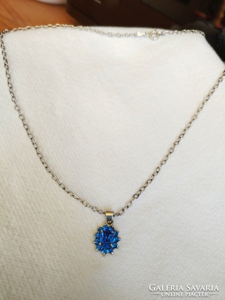 Silver pendant + necklace and matching earrings with royal blue zirconia stones