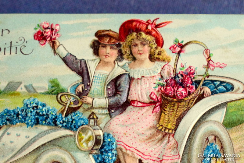 Antique embossed greeting card - children, car nameplate