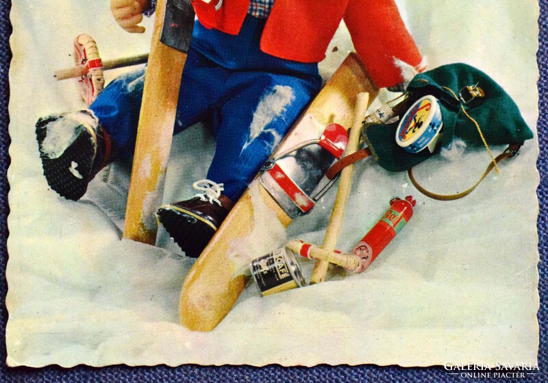 Retro Swiss fairy tale puppet figure postcard - skiing accident