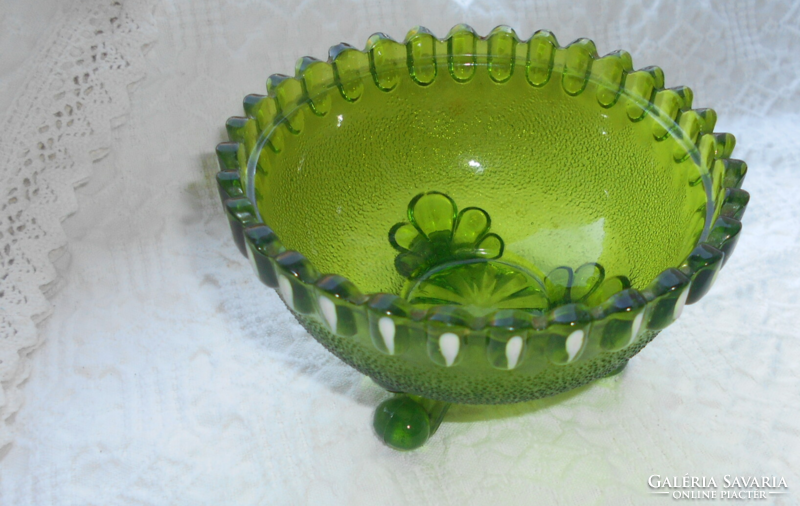 Handmade glass bowl with 3 legs, hand painting on the side