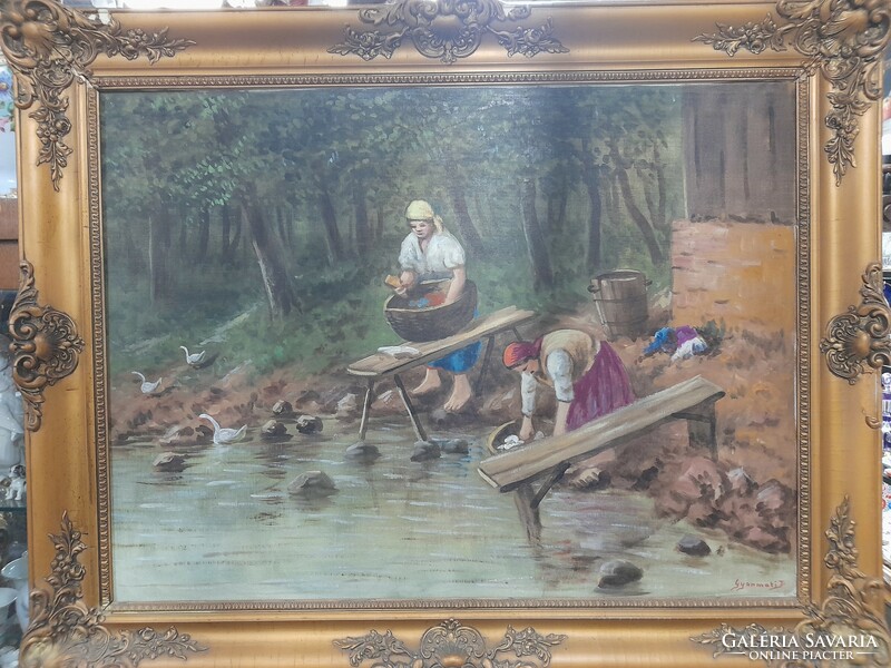 Colonial oil-on-canvas picture of village life, in blonde frame.