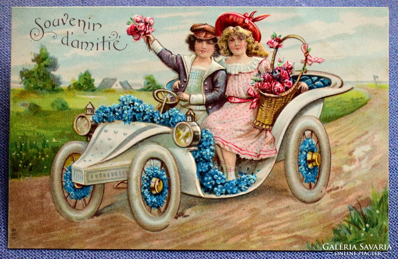 Antique embossed greeting card - children, car nameplate