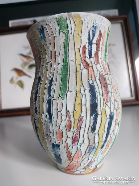 Érdekes, izgalmas mázzal színes kerámia váza, türkizes kék belsővel 12 cm