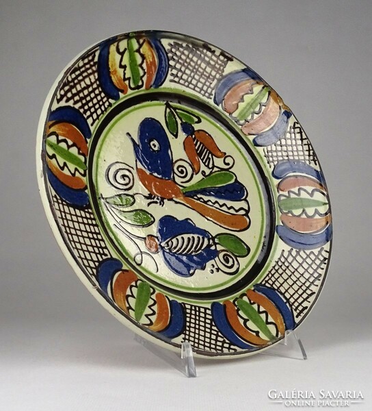 1Q397 old Korund earthenware plate with birds 24 cm