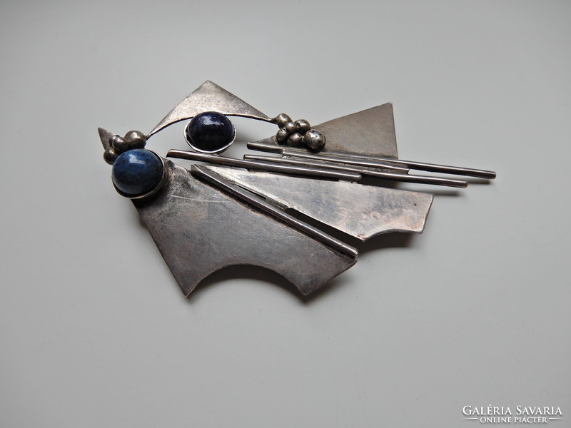 Old large modernist silver brooch with lapis lazuli stones