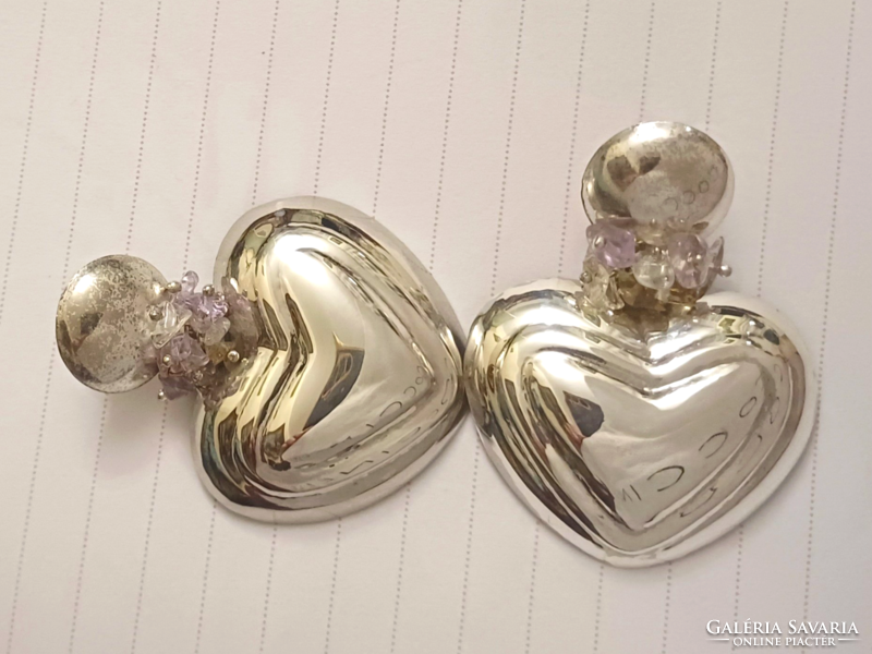 Huge silver heart earrings crystal amethyst vintage