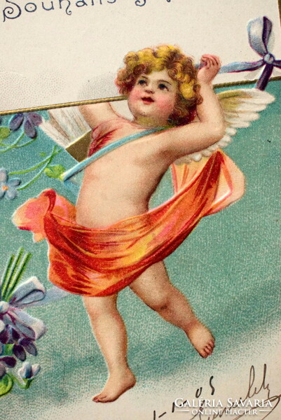 Antik dombornyomott  angyalkás üdvözlő képeslap - ibolya  1911ből