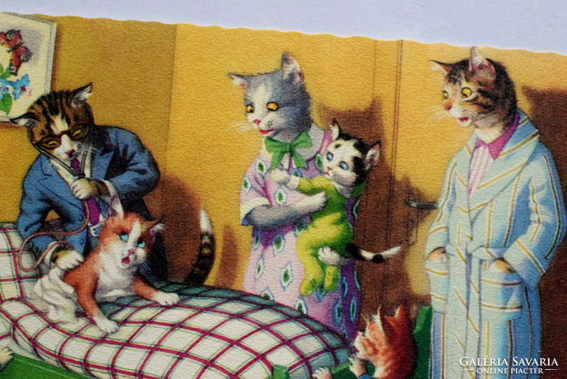 Régi retro humoros grafikus képeslap cica  - beteg cica doktorúrral