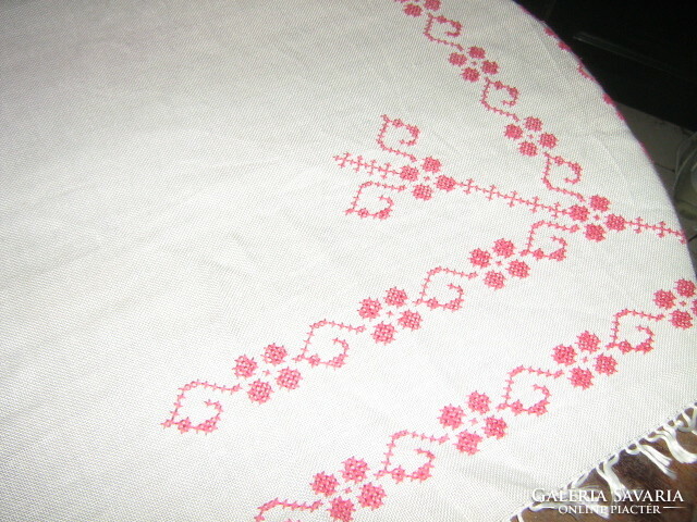 Wonderful hand-embroidered cross-stitched fringed elegant woven tablecloth