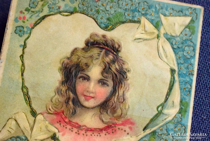 Antique embossed greeting card - little girl portrait heart, key name tag