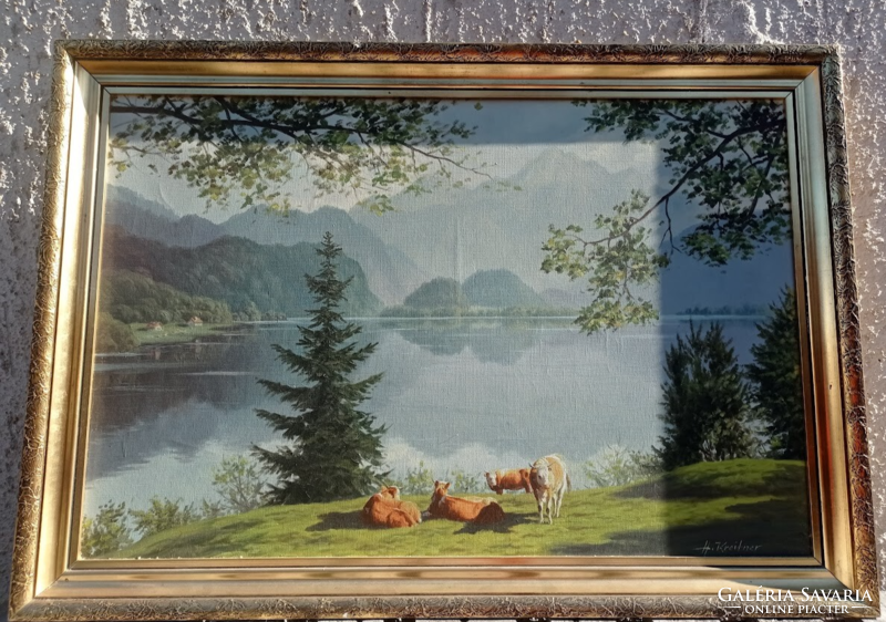 Jelzett olaj vászon festmény Alpesi tájkép 100x70 cm