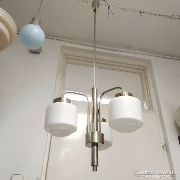 Art deco - streamline - bauhaus 3-burner nickel-plated chandelier renovated - milk glass cylinder shade