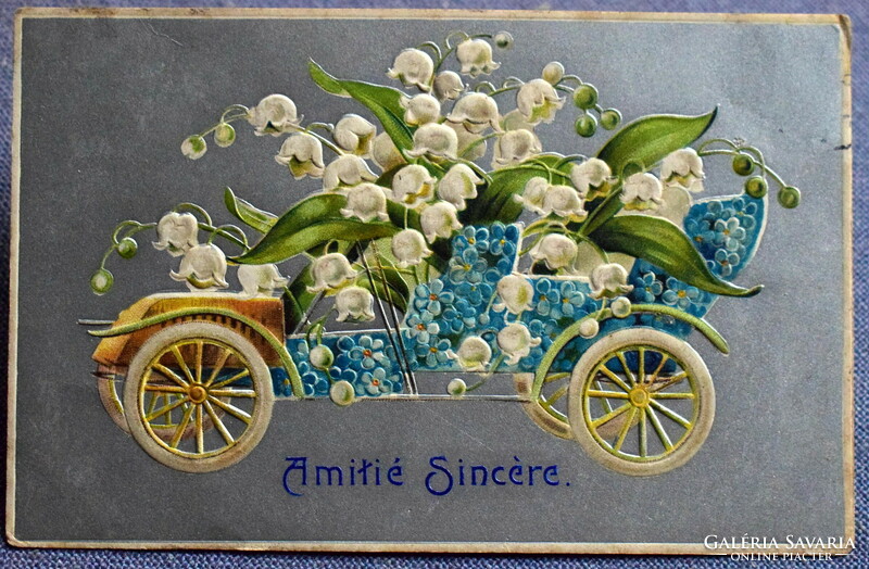 Antique embossed greeting card - floral automobile, lily of the valley
