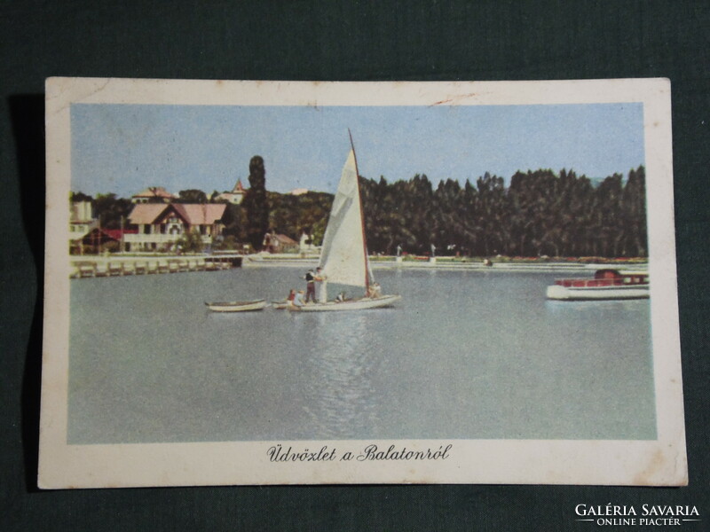 Képeslap, Balaton, part,móló,kikötő részlet ,vitorlás hajó