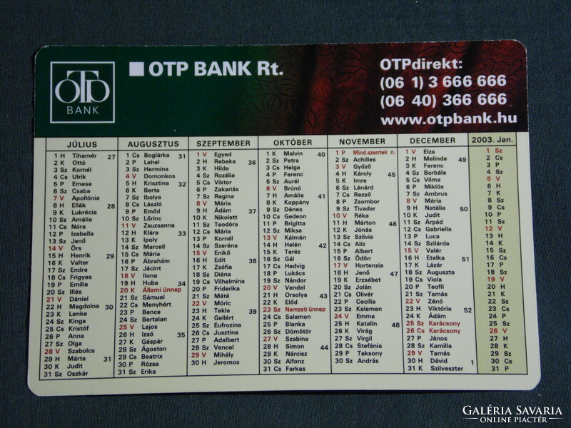 Kártyanaptár, OTP takarékpénztár, Bank, névnapos, 2002, (6)