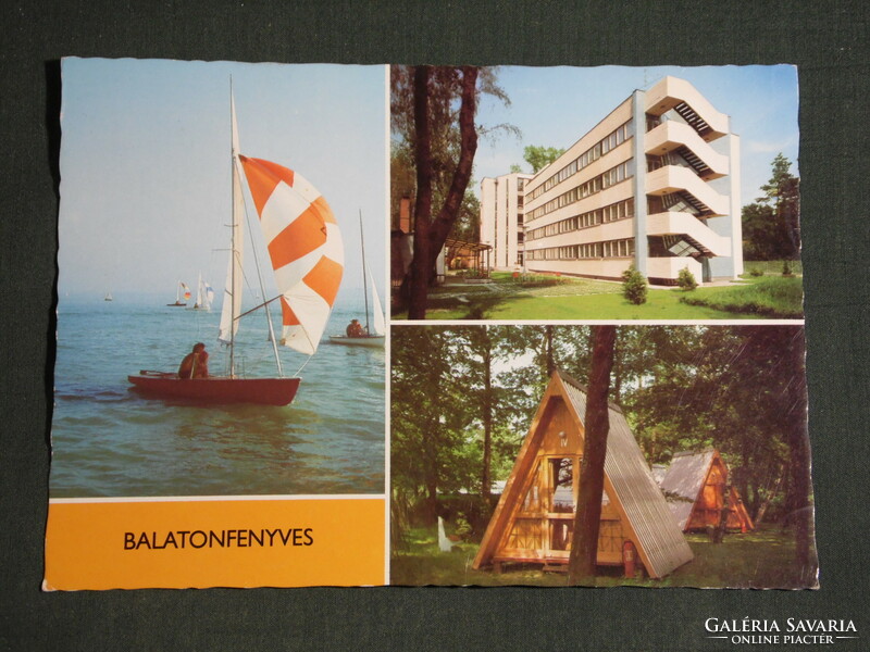 Képeslap, Balatonfenyves,mozaik részletek,vitorlás hajó,üdülő, bungaló kemping