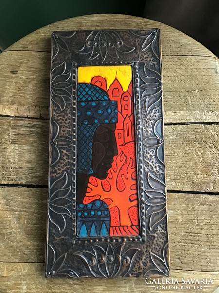 Older fire enamel picture on a wooden board with a copper plate frame