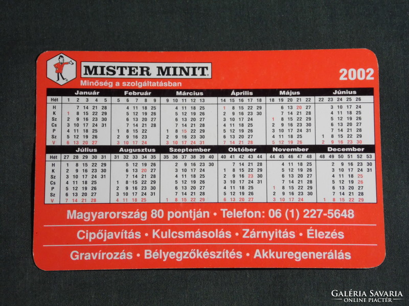 Card calendar, mister minit shoe repair, key copying, sharpening, graphic designer, advertising figure, 2002, (6)