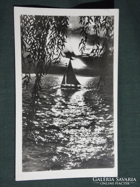 Postcard, balaton, panorama with sailing ship at sunset