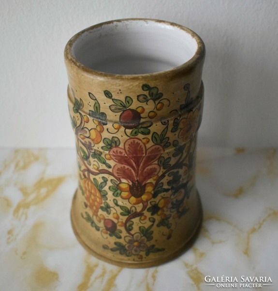 Antique hand-painted ceramic jug with a flower pattern, Italian craftsmanship, marked Gubbio