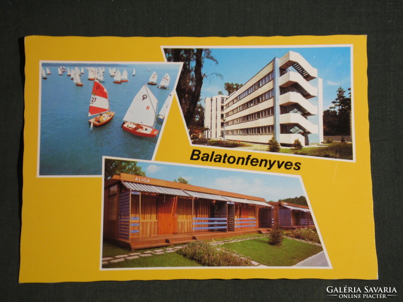 Postcard, Balaton pine, mosaic details, sailing ship, resort, alga bungalow camping