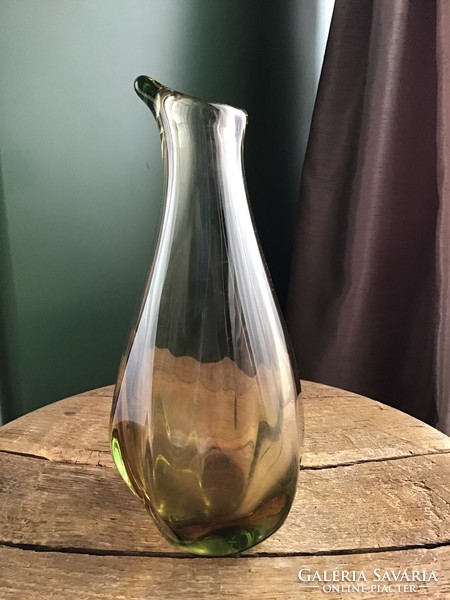 Régi cseh kézműves barna-zöld uránium üveg váza