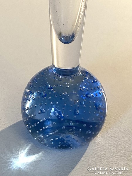 Blue bubble bottom retro 1 strand floral glass vase 21 cm