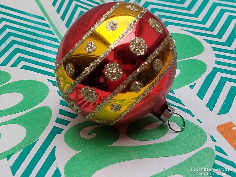 Old glass Christmas tree ornament red gold polka dot striped sphere glass ornament